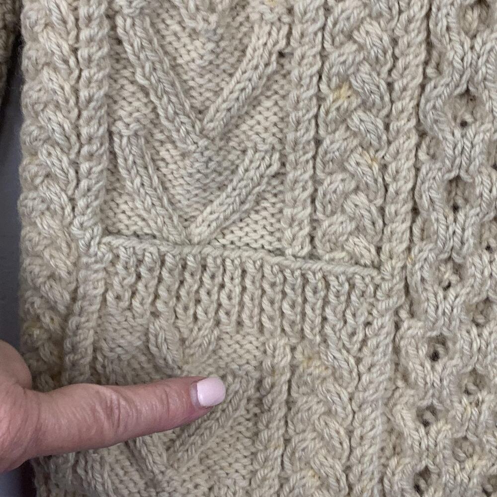 Vtg 1970s Cable knit wool cardigan WomenvMedium Tan Fisherman Shawl Collar Lined - Picture 6 of 8